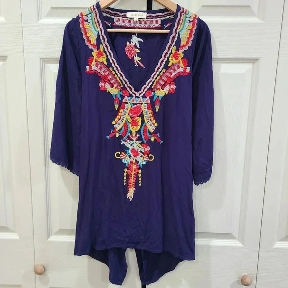Solitaire Embroidered Swing Tunic  Crotchet Sleeve‎ Ties In Back Navy Size Large - Picture 1 of 11